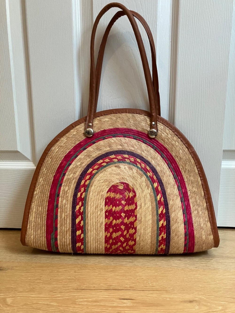 Vintage Mexican Artisan Woven Palm Straw Rainbow Quesadilla Bag
